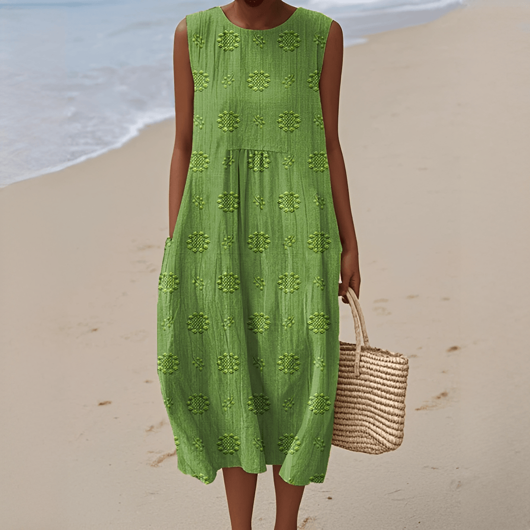 Women's sleeveless summer midi dress by Mainz-Mode with pockets, lightweight casual wear for warm days and vacations.