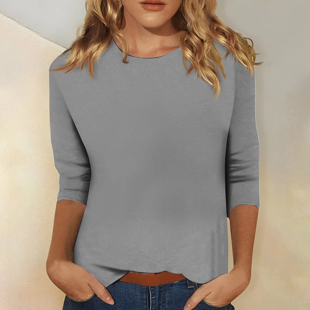 Homixa women's three-quarter-sleeve crew-neck top in soft fabric, shown in a casual fit, ideal for everyday wear.