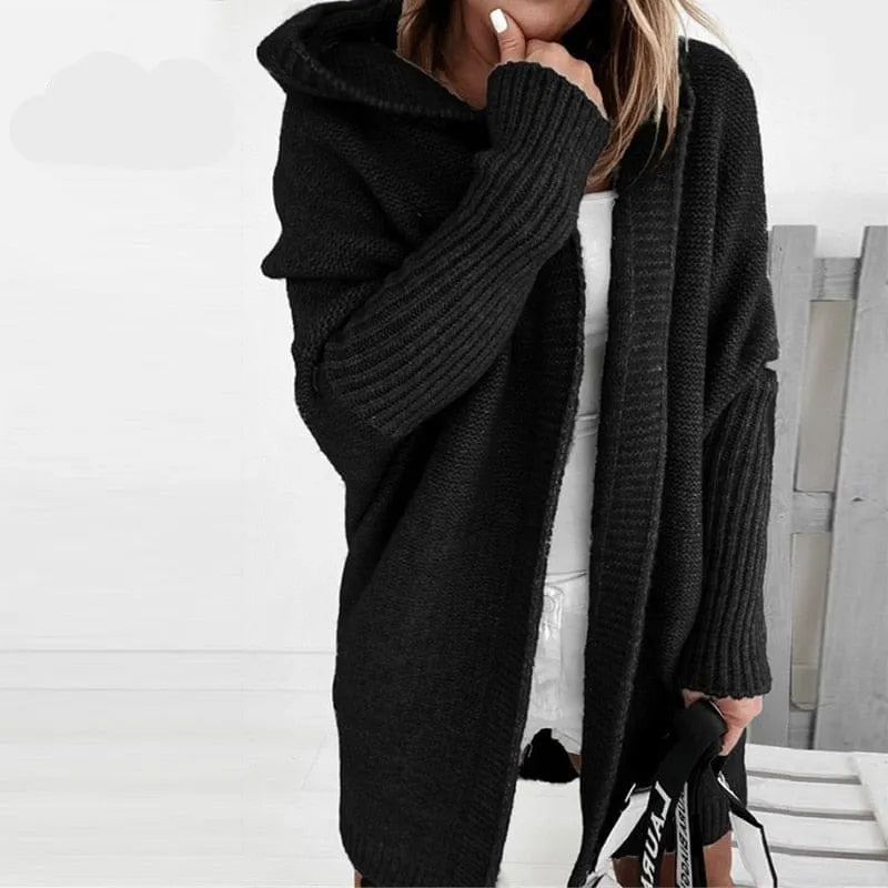 Homixa knit cardigan for women with oversized fit and hooded style, featuring soft knit fabric and casual, cozy design.