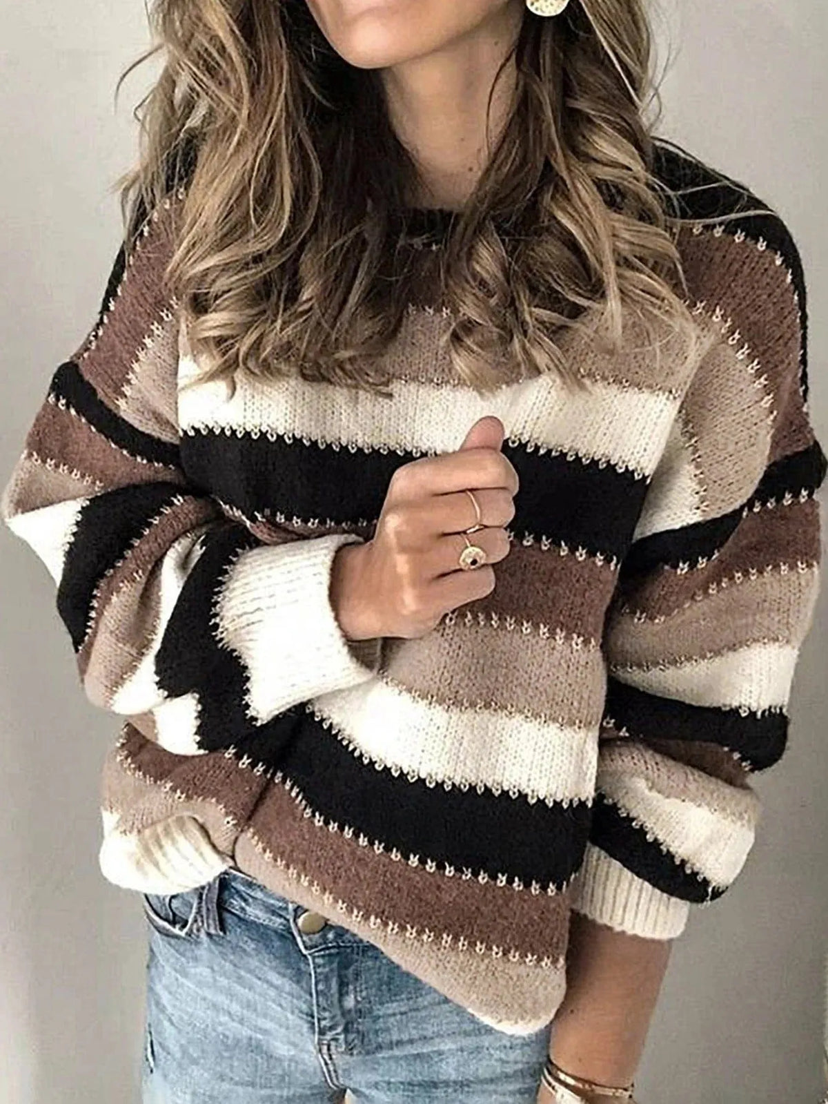 Homixa women's knit sweater with striped design and relaxed fit, cozy and stylish for casual wear.
