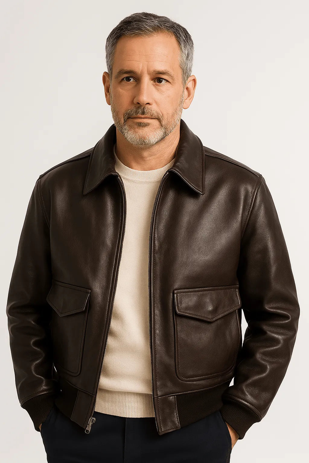 Unisex leather jacket from Homixa featuring a layered style, shown in a close-up of the black leather with detailed stitching.