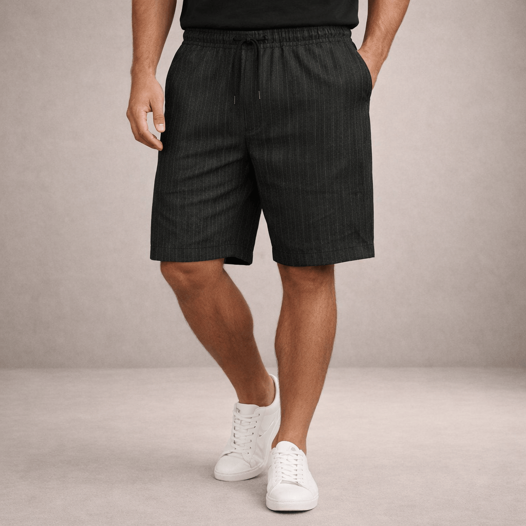 Homixa Luca men's drawstring summer shorts shown in navy with side pockets and elastic waistband.