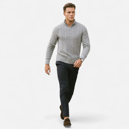 Homixa men's cable-knit half-zip sweater in navy, featuring a textured knit pattern and a classic collar design.