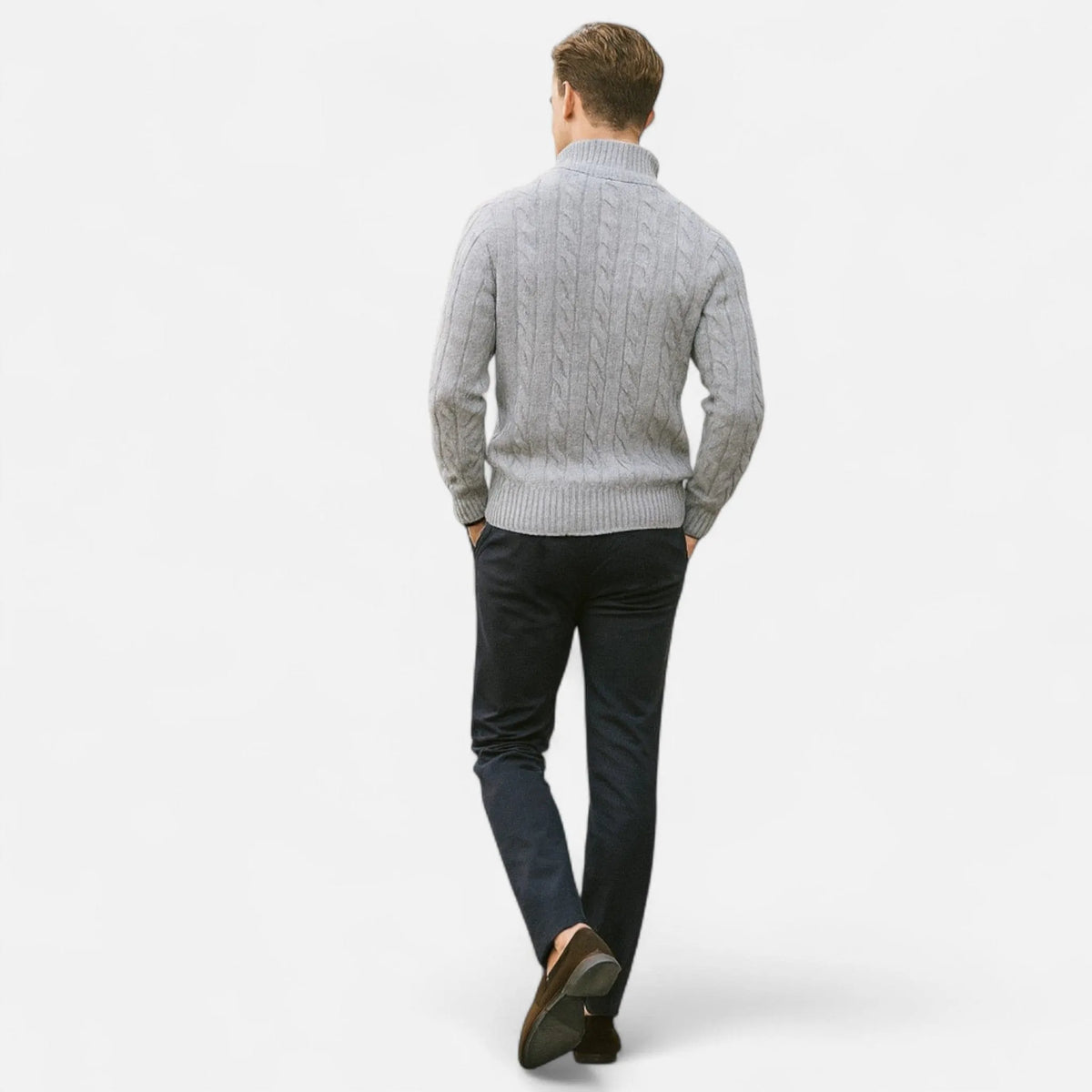 Homixa men's cable-knit half-zip sweater in gray, featuring a cozy textured knit and a classic collar detail.