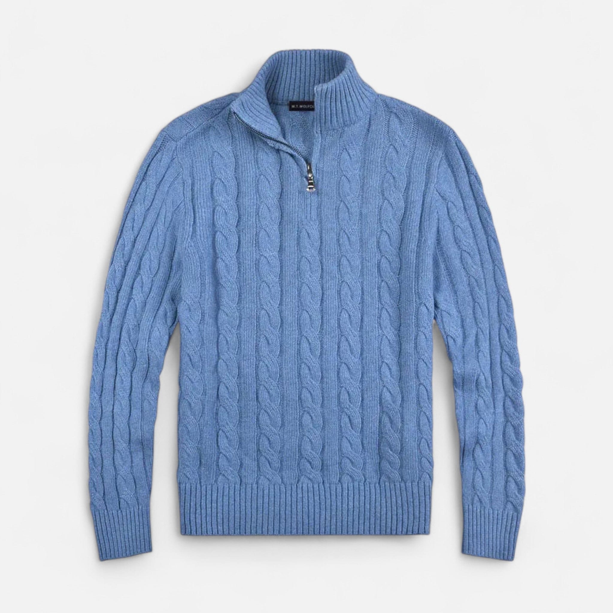 Homixa men's cable-knit half-zip sweater in gray, showcasing the textured knit fabric and ribbed collar detail.