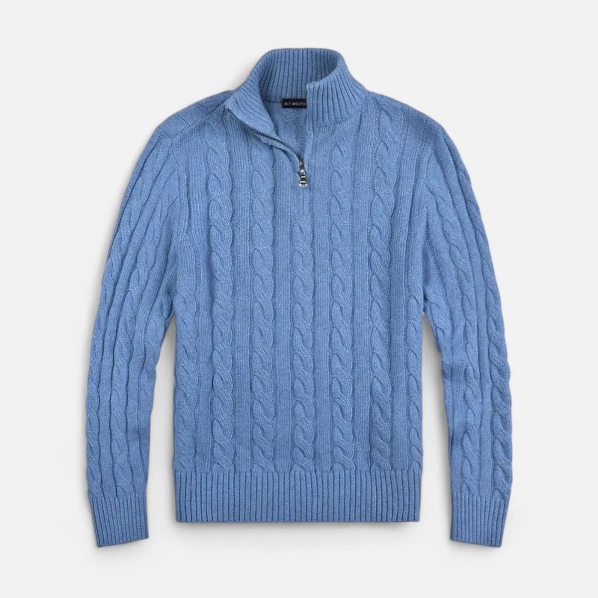 Homixa men's cable-knit half-zip sweater in gray, featuring a close-up of the textured knit fabric and half-zip collar.