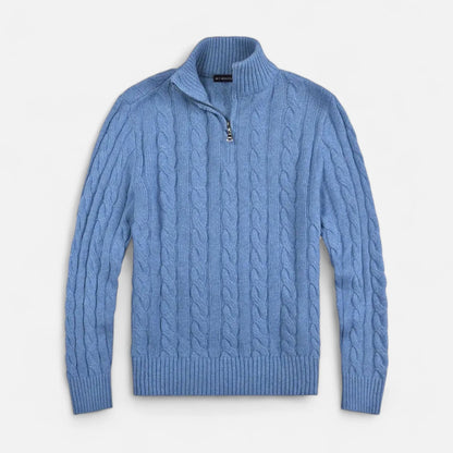 Homixa men's cable-knit half-zip sweater in gray, featuring a close-up of the textured knit fabric and half-zip collar.