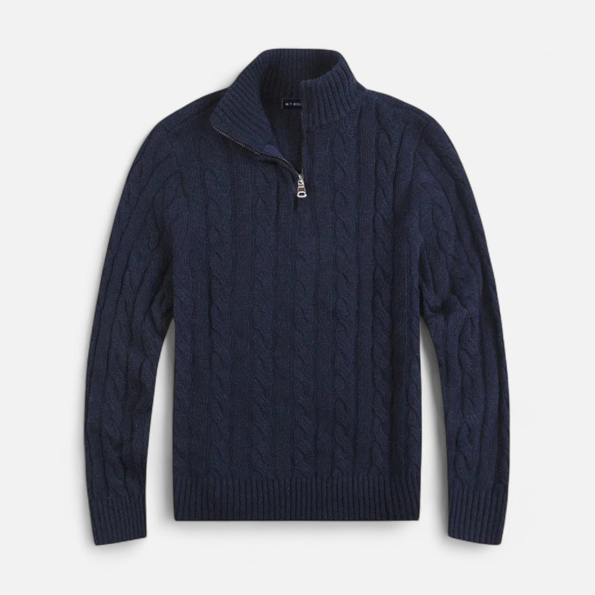 Homixa men's cable-knit half-zip sweater in navy, showcasing textured knit pattern and collar detail.