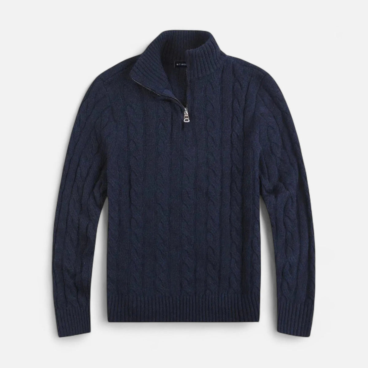 Homixa men's cable-knit half-zip sweater in navy, featuring a textured knit pattern and ribbed collar and cuffs.