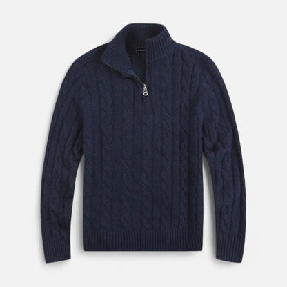 Homixa men's cable-knit half-zip sweater in navy, featuring a textured knit pattern and ribbed collar and cuffs.