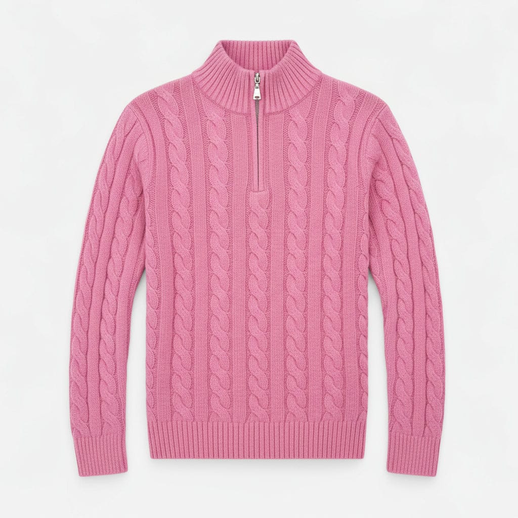 Homixa men's cable-knit half-zip sweater in navy, showcasing textured knit pattern and ribbed collar on a model.