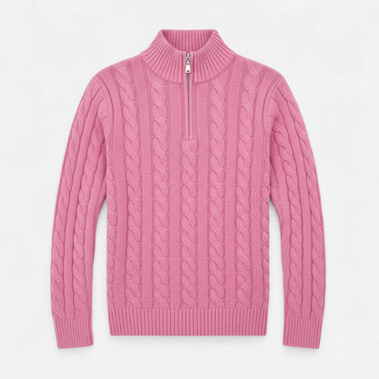 Homixa men's cable-knit half-zip sweater in navy, showcasing textured knit pattern and ribbed collar on a model.