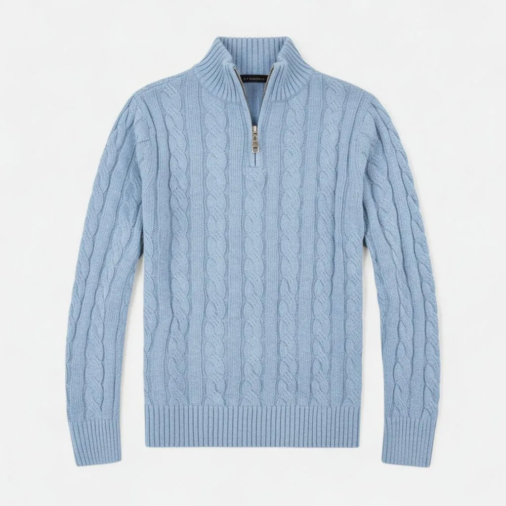 Homixa men's cable-knit half-zip sweater in a classic design, featuring a high collar and textured knit pattern.