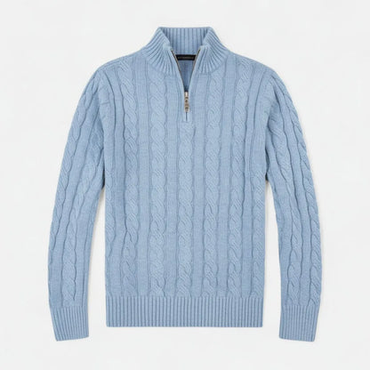 Homixa men's cable-knit half-zip sweater in a classic design, featuring a high collar and textured knit pattern.