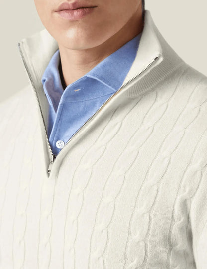Homixa men's cable-knit quarter-zip sweater featuring a classic knit pattern and a high collar, perfect for casual or layered wear.