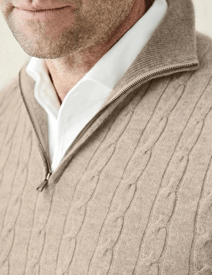 Homixa men's cable-knit quarter-zip sweater in navy, featuring a textured knit pattern and a stand-up collar.