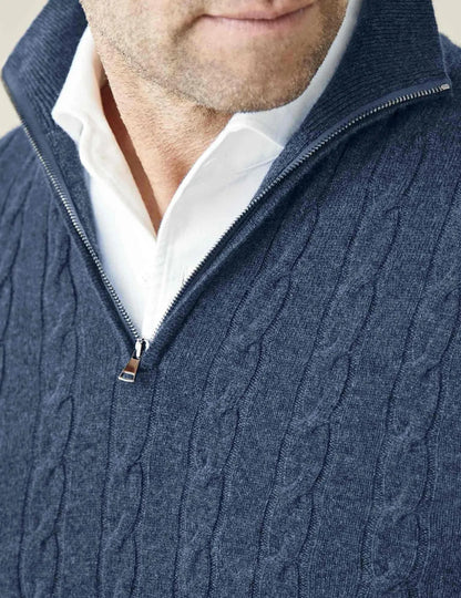 Homixa men's cable-knit quarter-zip sweater in navy, featuring a textured knit pattern and a high collar, casual men's clothing.