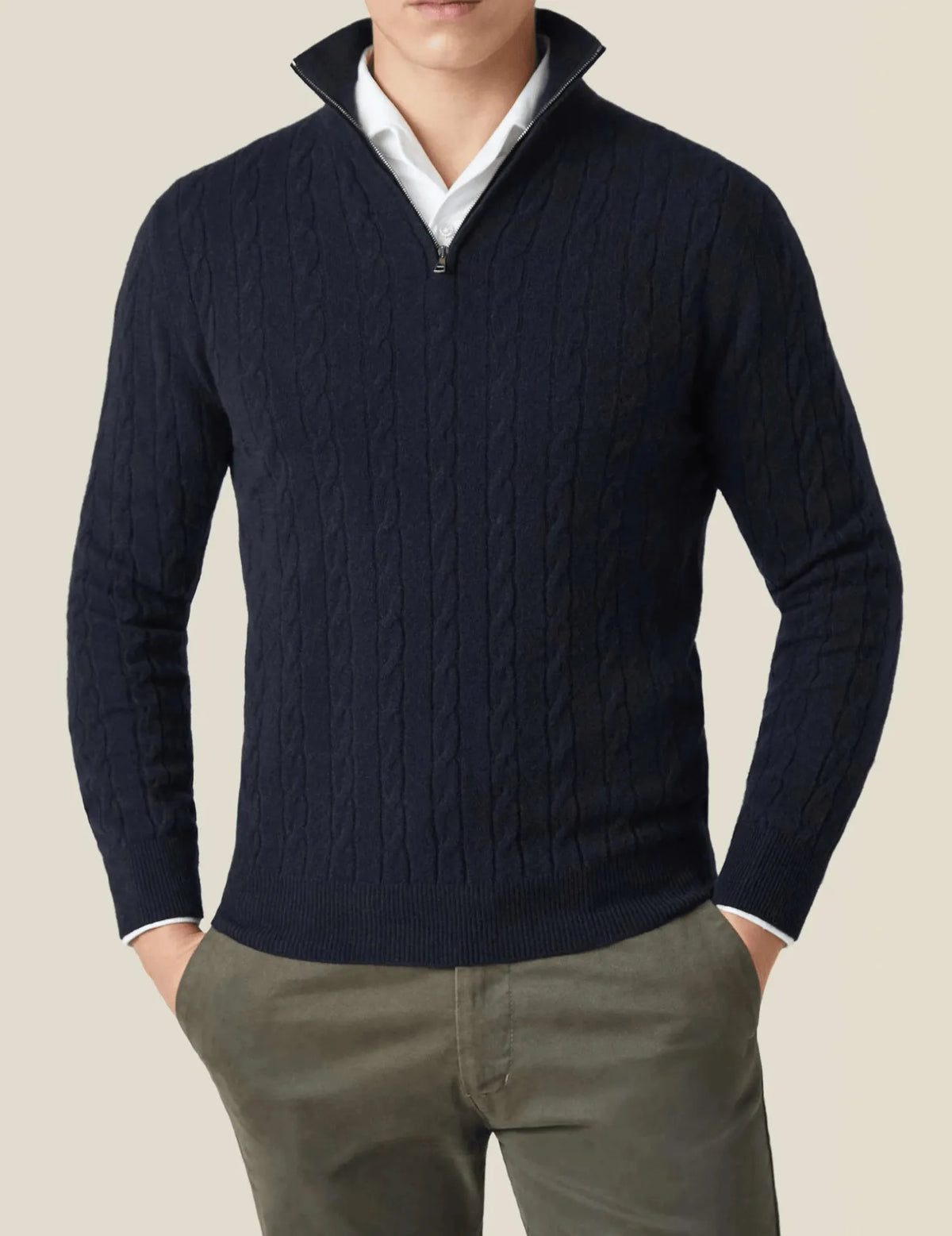Homixa men's cable-knit quarter-zip sweater in gray, featuring a cozy knit texture and a classic collar design.