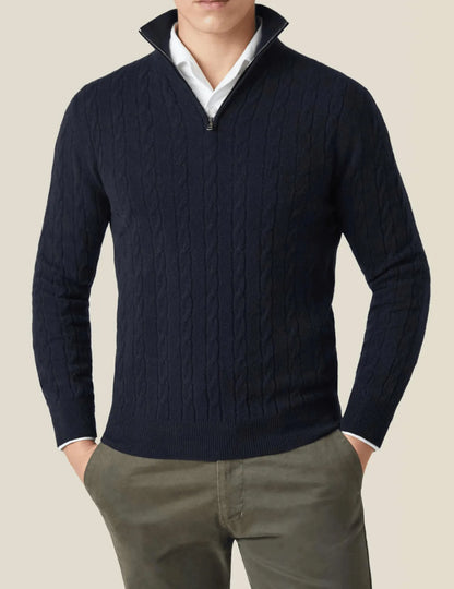 Homixa men's cable-knit quarter-zip sweater in gray, featuring a cozy knit texture and a classic collar design.