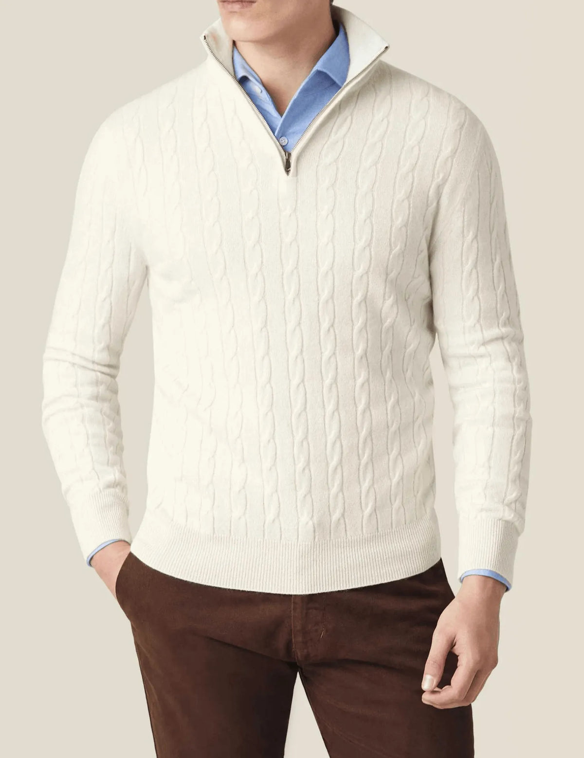 Homixa men's cable-knit quarter-zip sweater in gray, featuring a close-up of the textured knit fabric and zipper details.