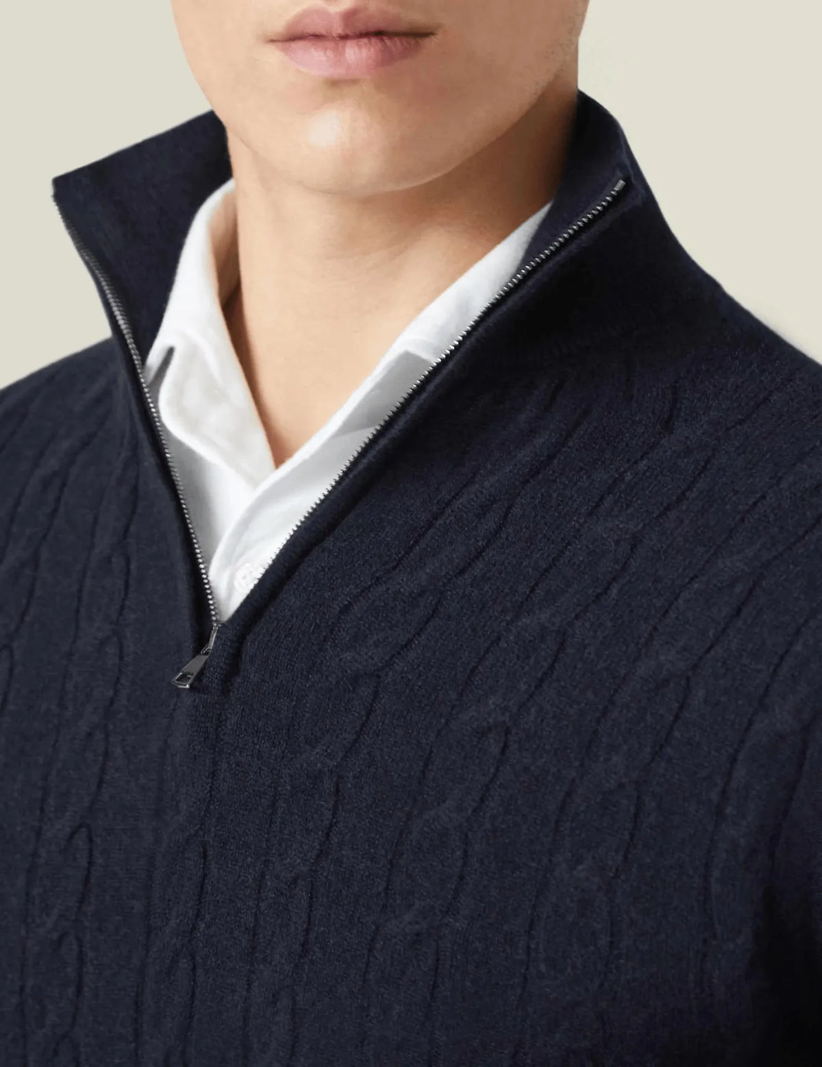 Homixa men's cable-knit quarter-zip sweater in navy, featuring textured knit pattern and ribbed cuffs and collar.