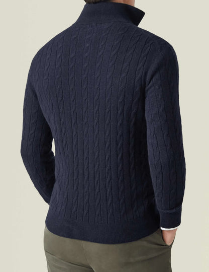 Homixa men's cable-knit quarter-zip sweater in navy, featuring a textured knit pattern and a stand-up collar.