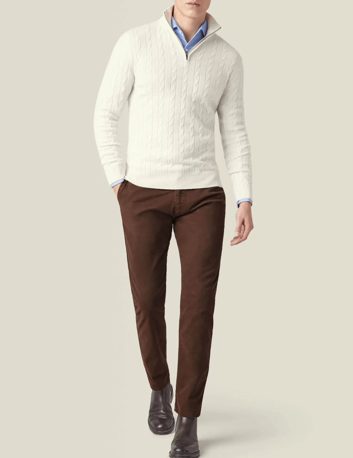 Homixa men's cable-knit quarter-zip sweater in gray, featuring a cozy knit pattern and a stand-up collar.