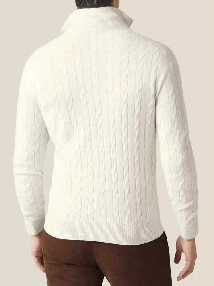 Men’s Lavana cable-knit quarter-zip sweater, stylish knitwear with a high collar and textured pattern, suitable for casual or formal wear.