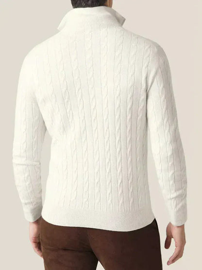Men’s Lavana cable-knit quarter-zip sweater, stylish knitwear with a high collar and textured pattern, suitable for casual or formal wear.