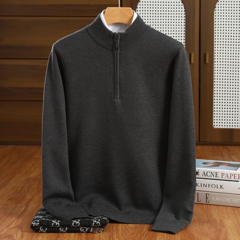 Lavana men's half-zip mock neck sweater, smart casual cardigan, soft fabric, in neutral color, displayed on a hanger.