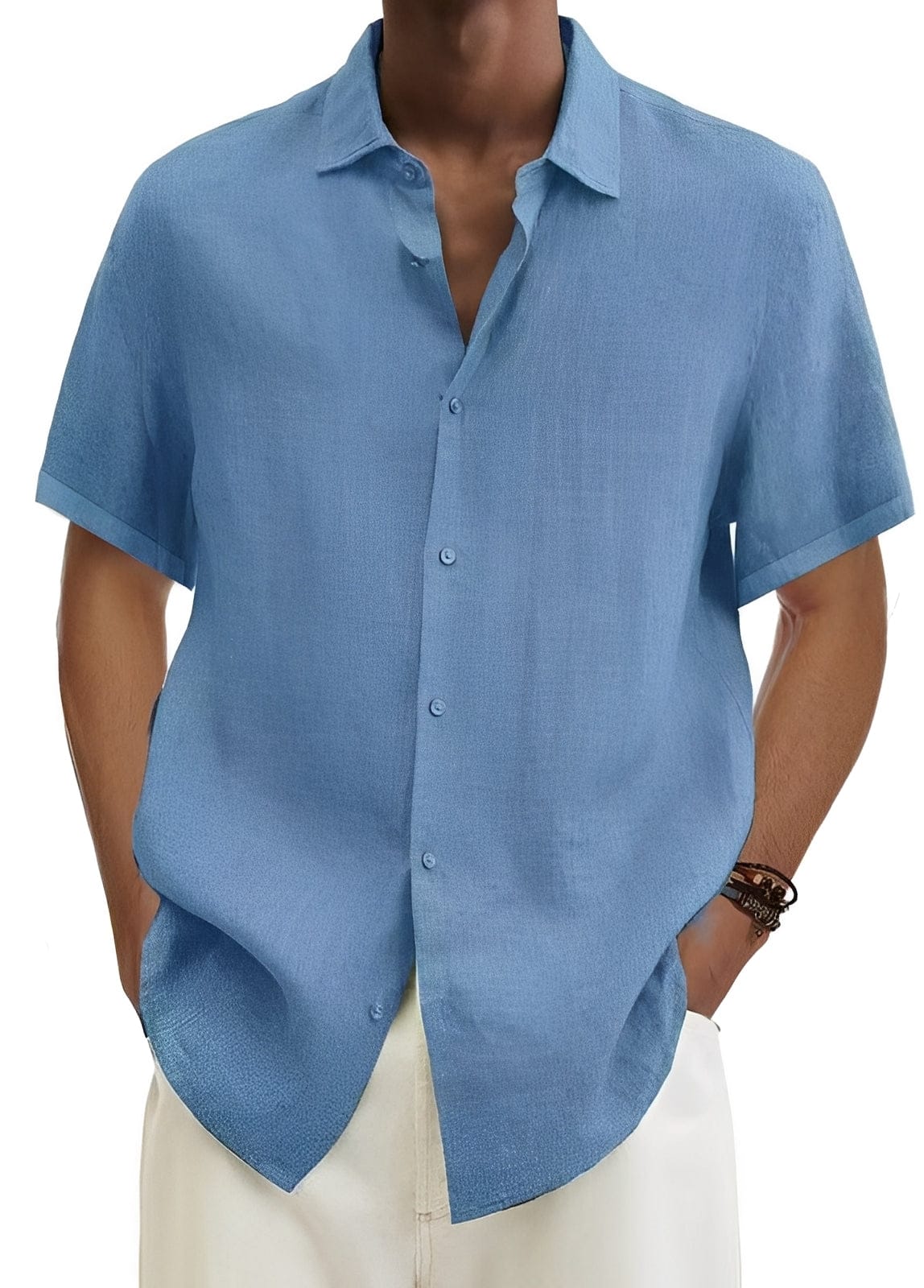 Men's summer shirt from Mainz-Mode, lightweight, loose-fit button-up blouse with a classic collar on a hanger.