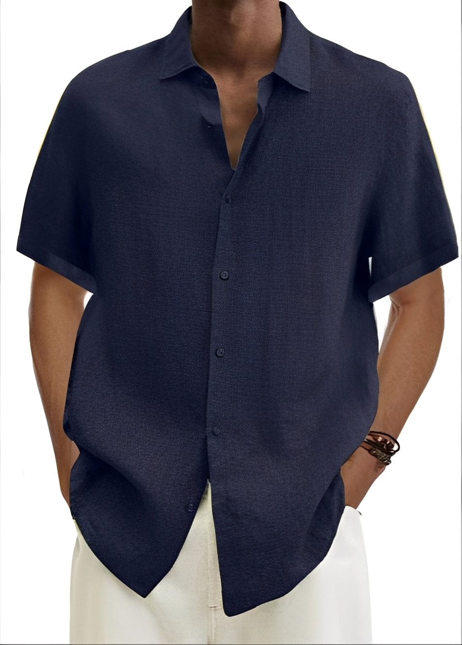 Homixa men's relaxed short-sleeve button-up shirt displayed flat, light fabric with a classic collar and casual fit.