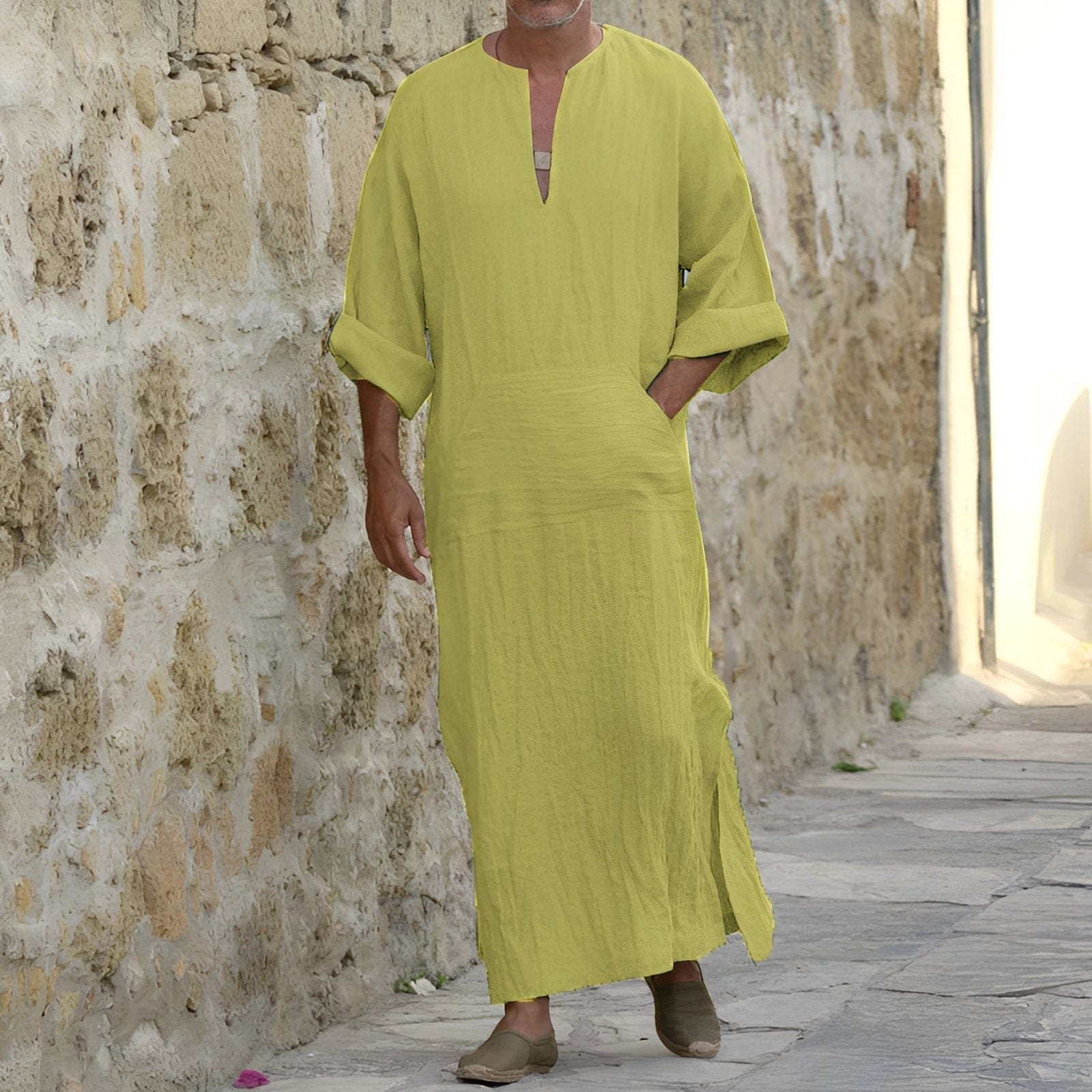 Men's linen shirt dress from Mainz-Mode featuring a minimalist design, long length, and side slit for a modern, relaxed look.