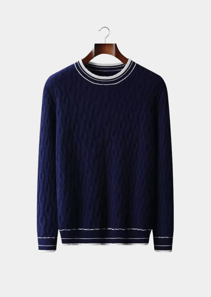 Homixa men's striped-trim crew-neck sweater, navy and gray, showcasing ribbed cuffs and collar, casual knit design for men.