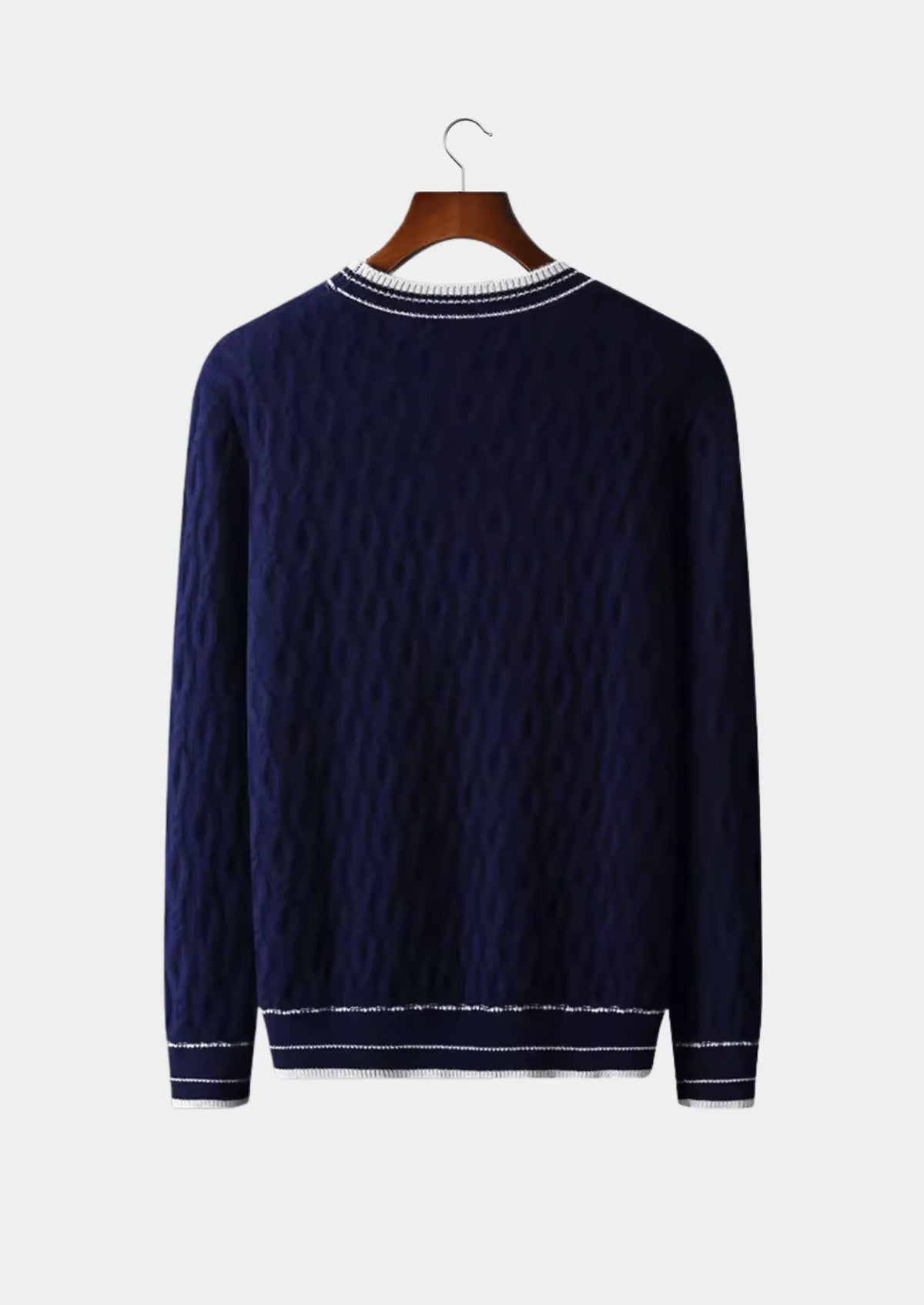 Homixa men's striped-trim crew-neck sweater in navy and gray, casual men's clothing, soft knit fabric, front view.