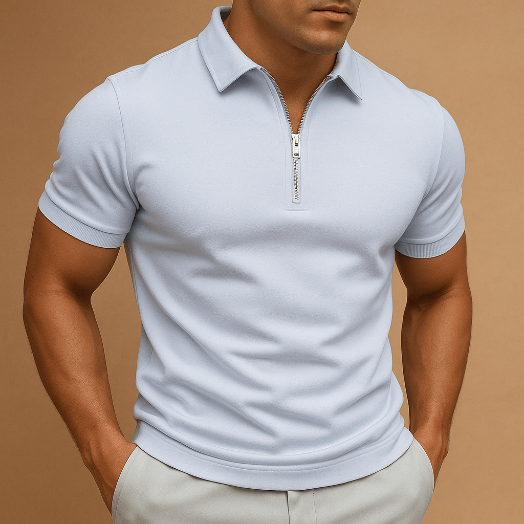 Homixa Nico men's zip-neck polo shirt displayed on a hanger, featuring a classic collar and casual style.