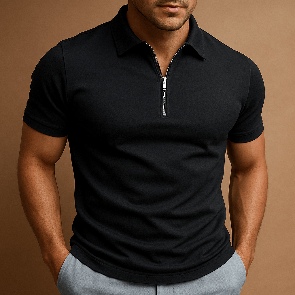 Homixa Nico men's zip-neck polo shirt, navy blue with short sleeves and collar, displayed on a hanger.