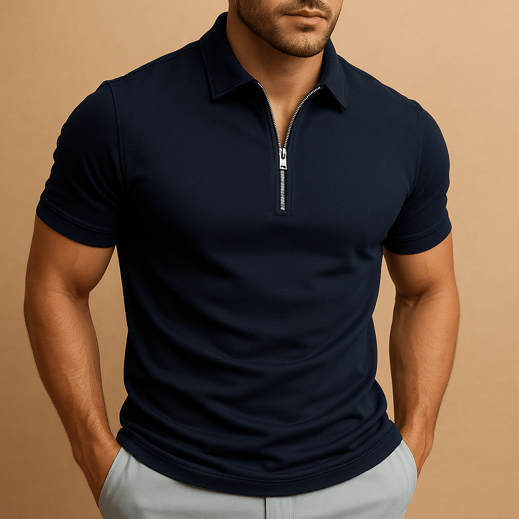 Homixa Nico men's zip-neck polo shirt in classic design, shown in a close-up of the collar and chest area.