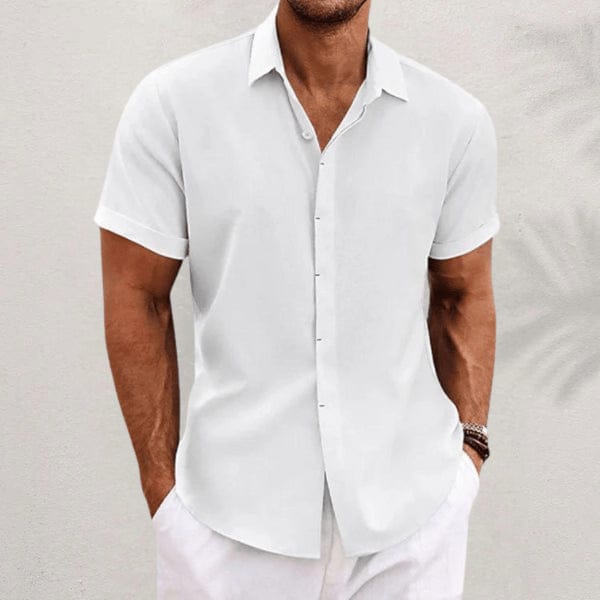 Homixa Theo men's relaxed button-up shirt in a casual fit, featuring a classic collar and front buttons, shown on a model.