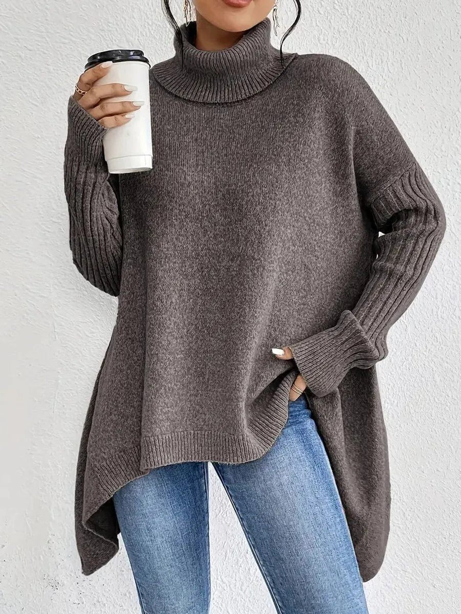 Homixa women's ribbed turtleneck sweater, close-up showing cozy knit fabric and fitted style.