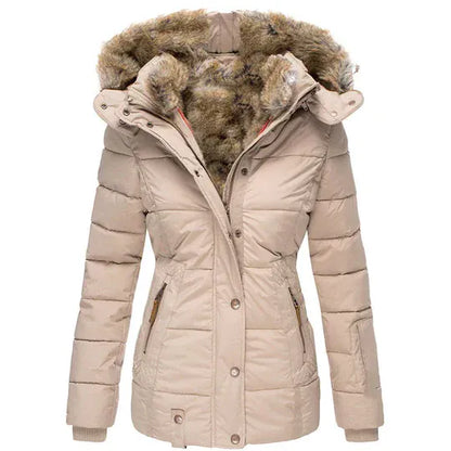 Homixa women's hooded winter coat from the Emma Edit, featuring a stylish and warm design ideal for cold weather.