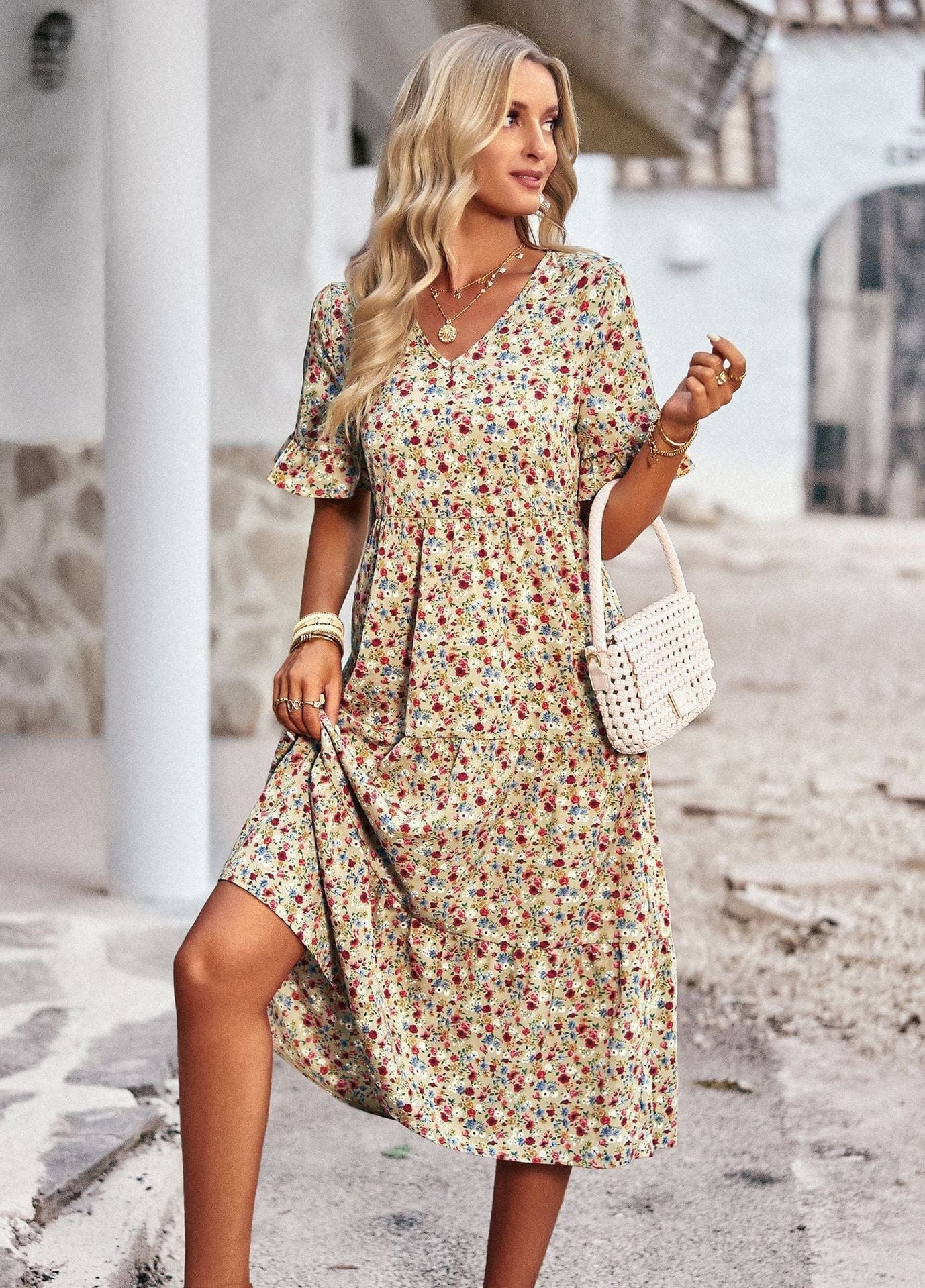 Womens floral midi dress by Mainz-Mode featuring a comfortable fit and elegant design, perfect for casual or semi-formal wear.