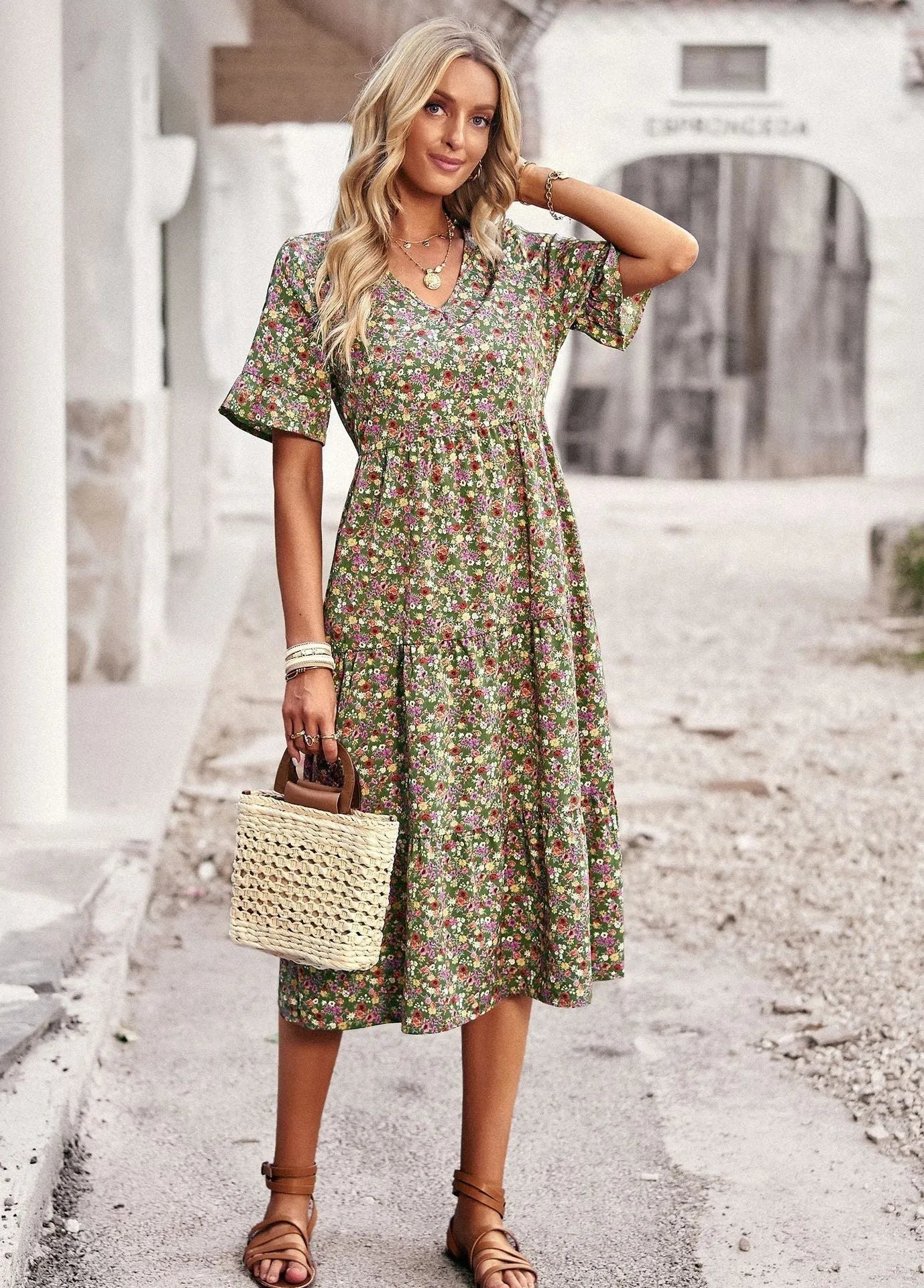 Homixa women's floral V-neck midi dress featuring a flowing design and vibrant floral pattern, perfect for casual or semi-formal wear.