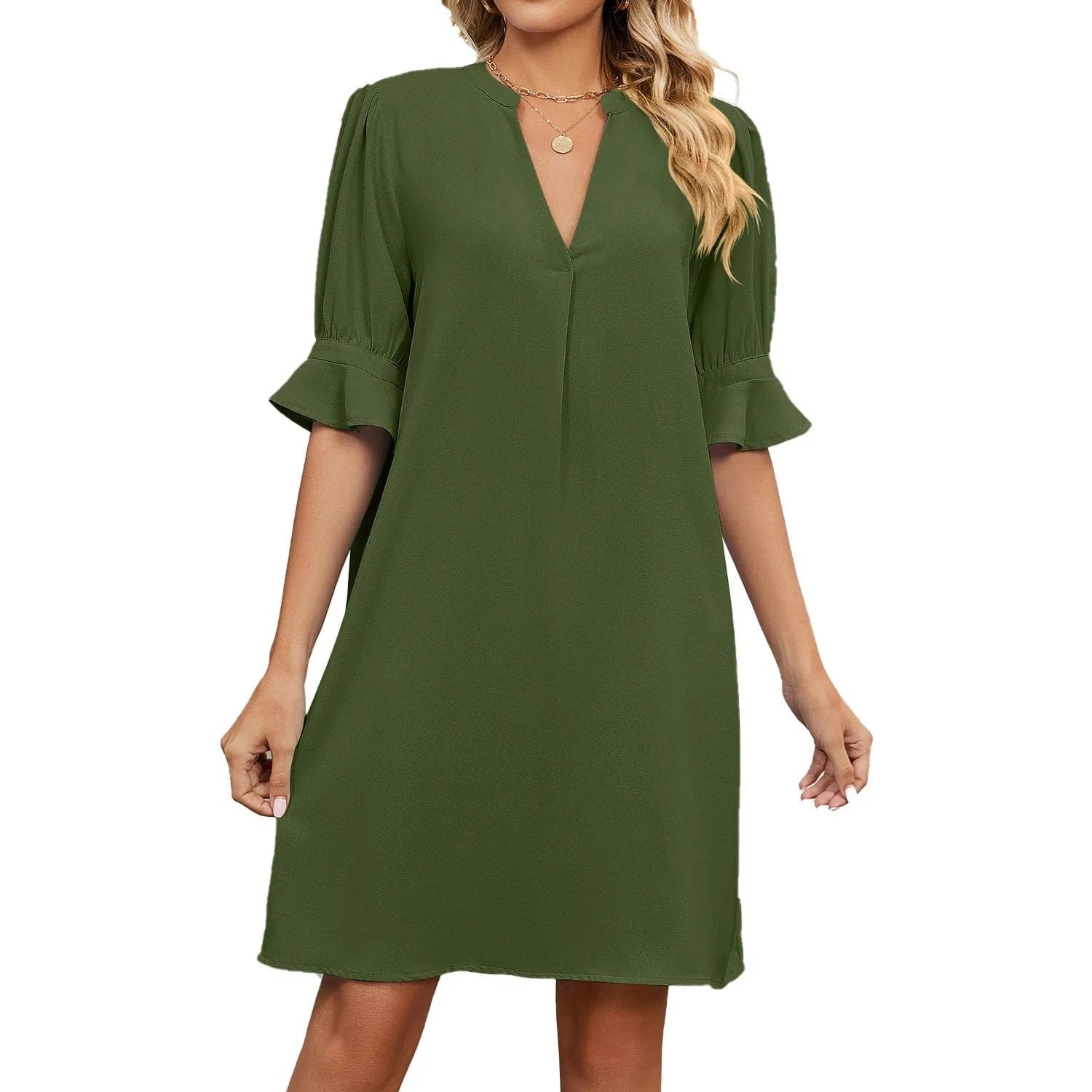 Homixa women's short-sleeve notch-neck shift dress displayed on a model, showcasing a stylish, casual women's dress.