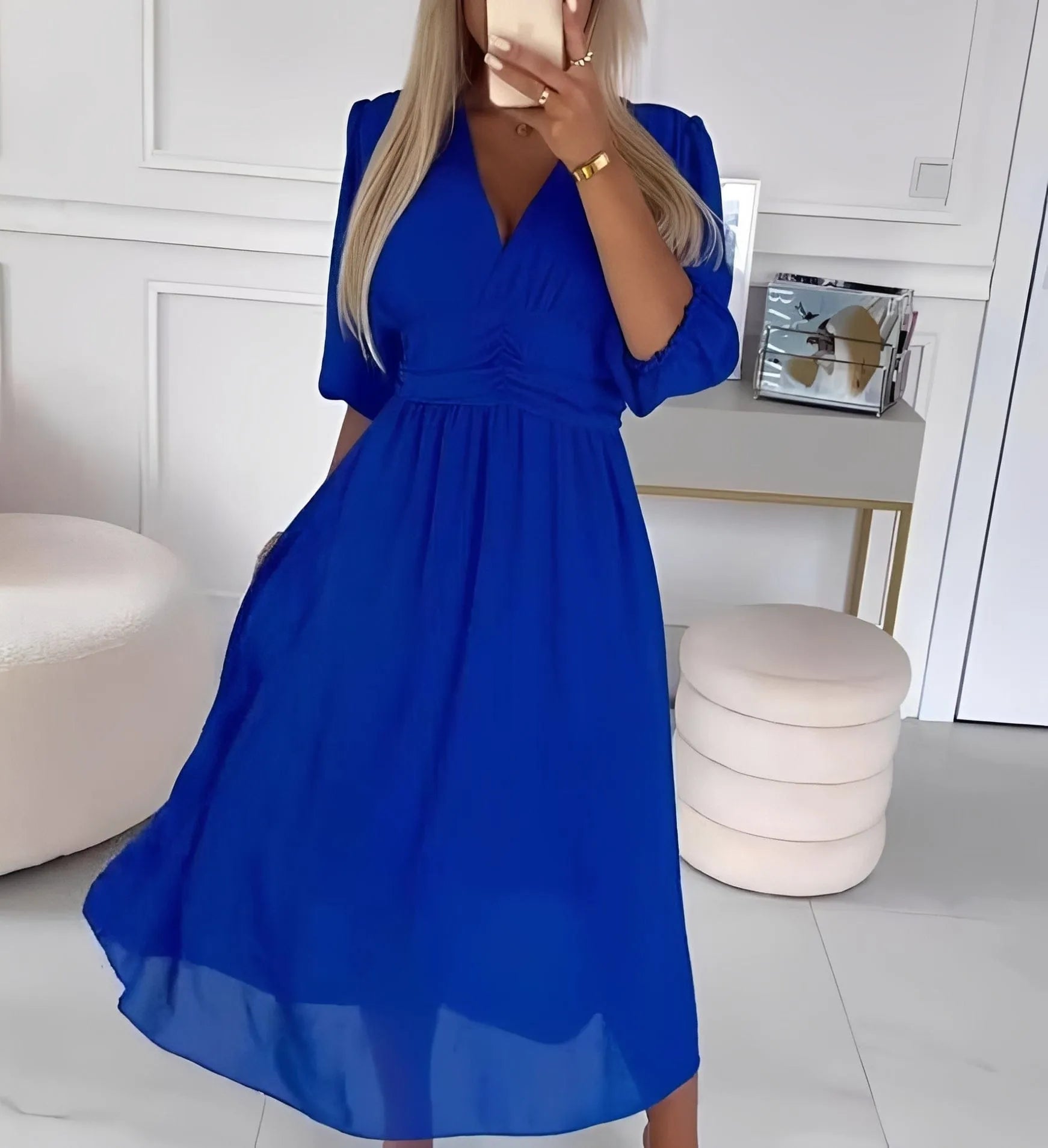 Homixa women's v-neck maxi dress with three-quarter sleeves, flowing fabric, and a relaxed fit for casual or semi-formal wear.