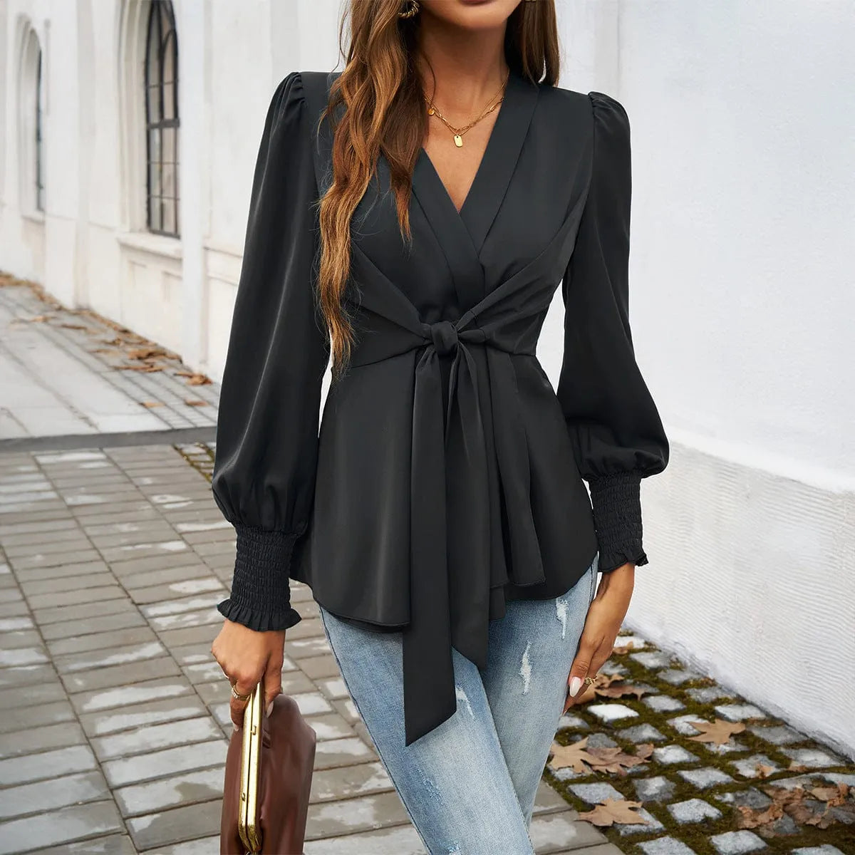 Homixa women's V-neck tie-waist blouse featuring a relaxed fit and stylish design, perfect for casual or office wear.