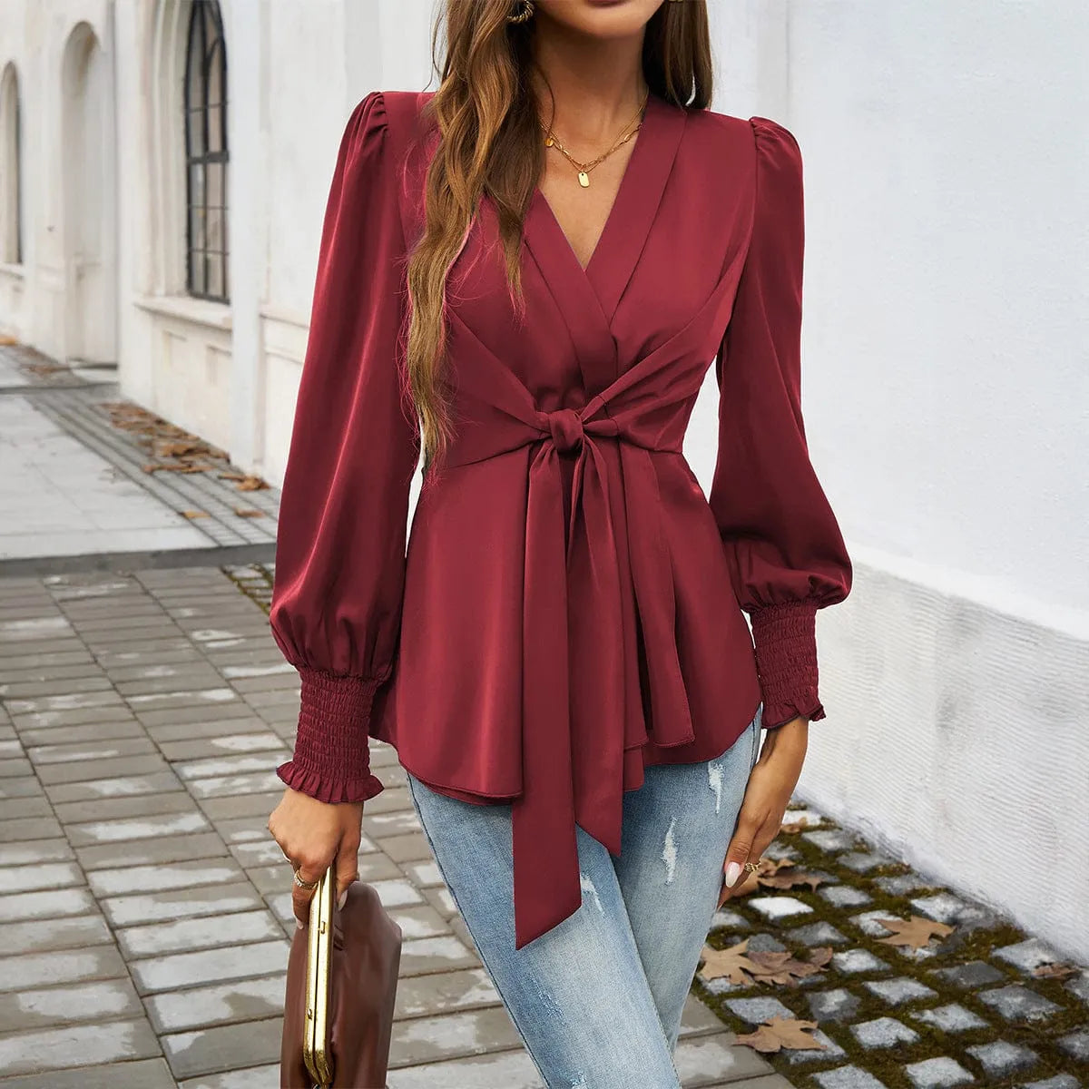 Homixa women's V-neck tie-waist blouse featuring long sleeves and a relaxed fit, perfect for casual or office wear.