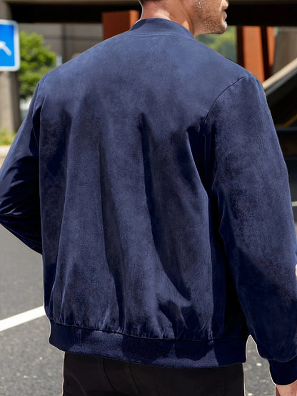 Homixa men's zip-up jacket with tailored fit and zip-front design, shown in a casual outdoor setting.