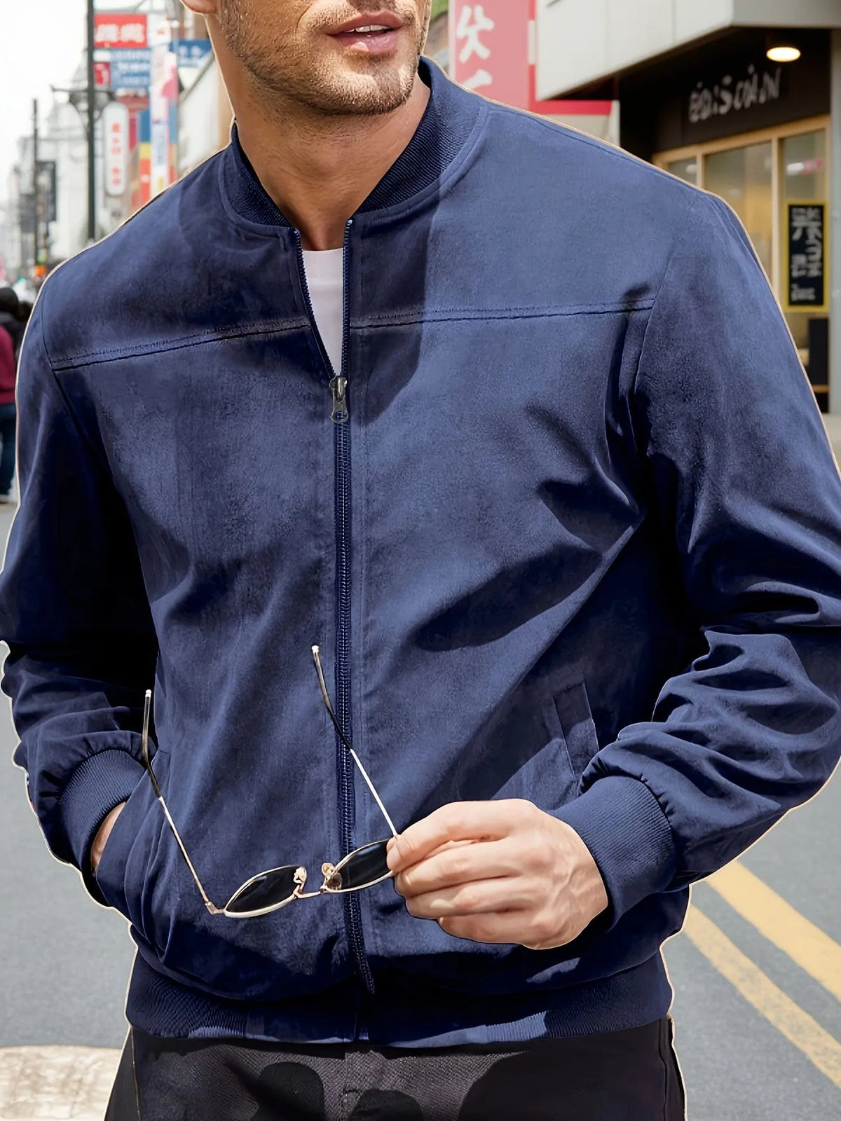 Homixa men's zip-up jacket with tailored fit and zip-front design, shown in black with a stand collar and side pockets.