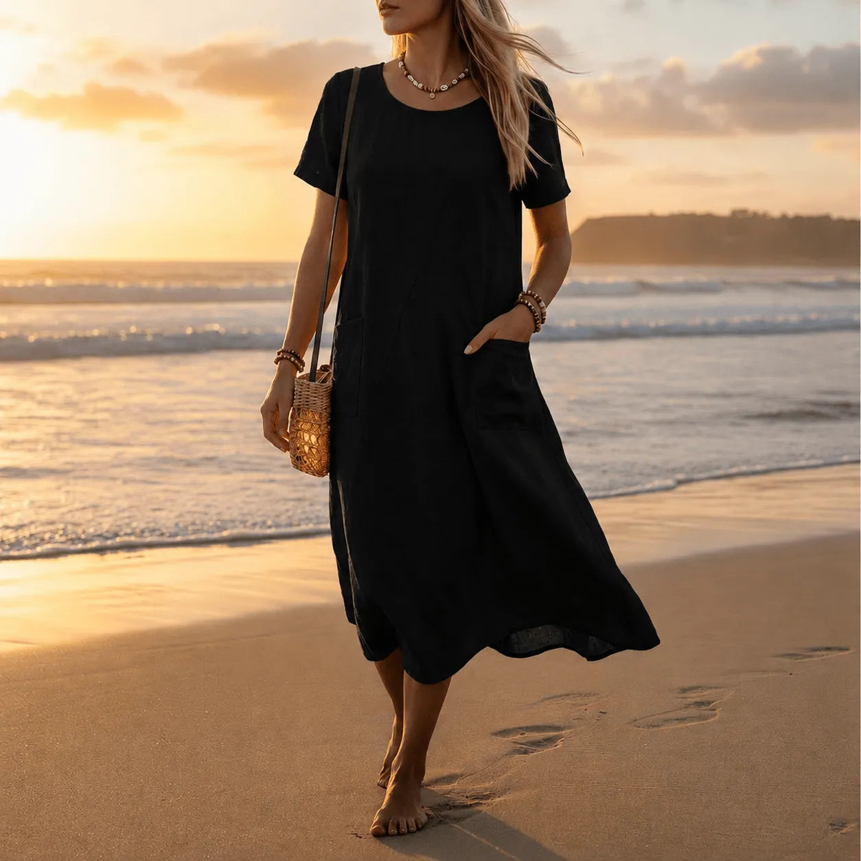 Homixa women's short sleeve midi dress with pockets, lightweight and stylish, featuring a relaxed fit and comfortable design.